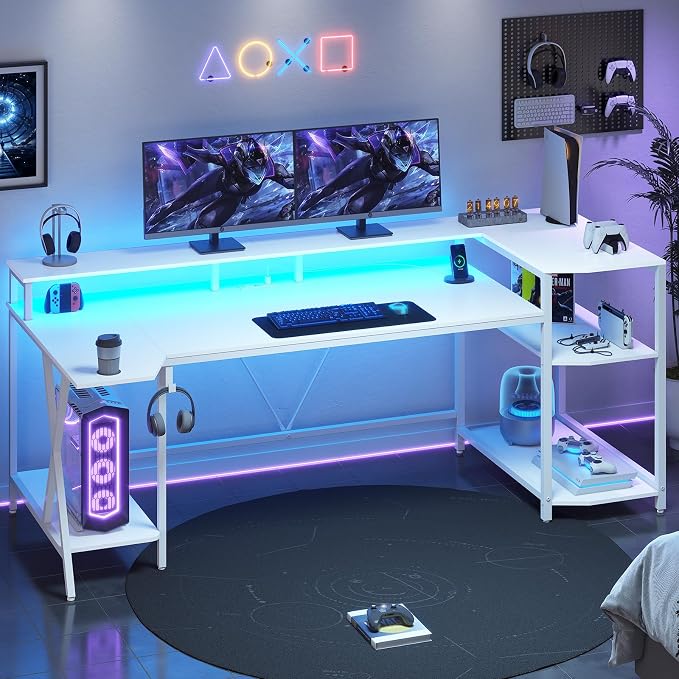 SEDETA White Gaming Desk 70.8'' with LED Lights and Storage Shelves, Computer Desk with Monitor Stand, Power Outlets and Cup Holder, Large PC Gamer Desk, Gaming Table for Bedroom, Living Room