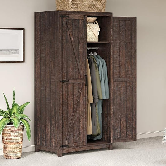 LUXOAK 70" Large Armoire Wardrobe Closet with Hanging Rod, Farmhouse Clothing Storage Cabinet with 2 Barn Doors, Wooden Tall Bedroom Armoires with Shelf, Espresso