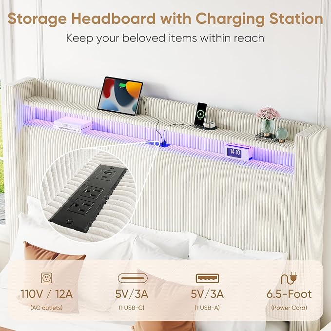 Queen Bed Frame with Tall Headboard, 55.3" Upholstered Platform Queen Size Bed Frame, Elegant Corduroy Wingback Bed with LED Lights & Charging Station, No Box Spring Needed, Solid Wood Slats, Cream