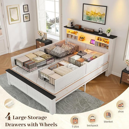 EnHomee Full Size Bed Frame with Storage Headboard and 4 Drawers,Charging Port & LED,No Box Spring Needed for Apartment,Noise,-Free,White with Grain Marks