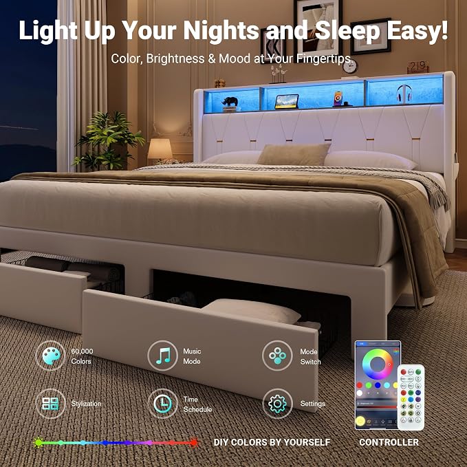 Allewie King Bed Frame with 2-Tier Storage Headboard, Charging Station & LED Lights, Velvet Upholstered Platform Bed with 2 Drawers, Wingback Headboard, Gold Button Tufted, No Box Spring Needed, White