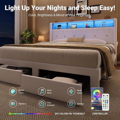 Allewie King Bed Frame with 2-Tier Storage Headboard, Charging Station & LED Lights, Velvet Upholstered Platform Bed with 2 Drawers, Wingback Headboard, Gold Button Tufted, No Box Spring Needed, White