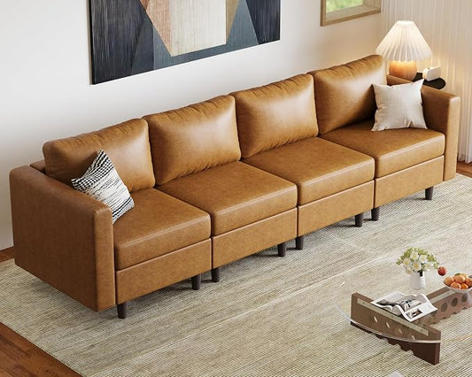 ABCASA Faux Leather Modular Sectional Sofa with Storage Seat, 118.5" 4 Seater Couch Deep Seat with Removable Cover Brown