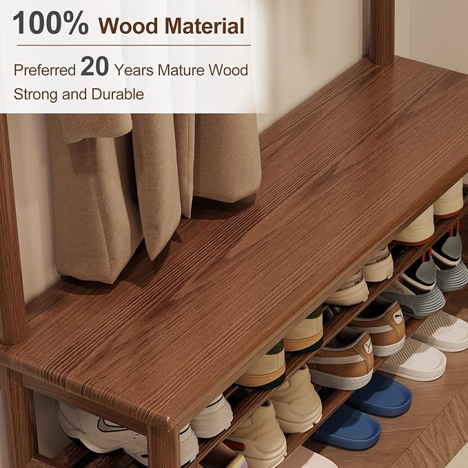 AQIMUELE Coat Rack with Shoe Storage, Wooden Hall Tree with Bench, 11 Hooks and 2-Tier Storage Shelves, 3-in-1, Entryway Bench with Coat Rack (39.3"-Walnut)