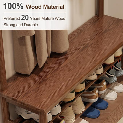 AQIMUELE Coat Rack with Shoe Storage, Wooden Hall Tree with Bench, 11 Hooks and 2-Tier Storage Shelves, 3-in-1, Entryway Bench with Coat Rack (39.3"-Walnut)