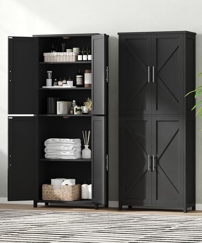 Akxomel Tall Bathroom Storage Cabinet, 11 x 22.8 x 63 Inches, Floor Cabinet with Barn Doors, Adjustable Shelf, Linen Pantry Cabinet for Kitchen, Laundry Room, Living Room, Entryway, Black