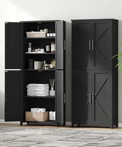 Akxomel Tall Bathroom Storage Cabinet, 11 x 22.8 x 63 Inches, Floor Cabinet with Barn Doors, Adjustable Shelf, Linen Pantry Cabinet for Kitchen, Laundry Room, Living Room, Entryway, Black