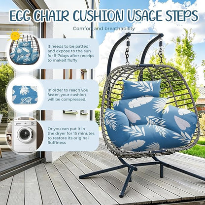 Waterproof Egg Chair Cushion Replacement 47x31.5x4.7 inch Thicken Hanging Egg Swing Chair Cushion Indoor Outdoor Wicker Rattan Hammock Basket Cushion with Headrest Pillow, Blue Leaf