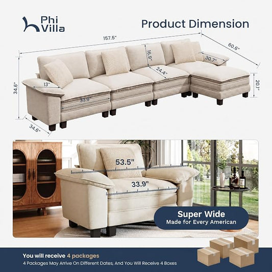 PHI VILLA Cloud Modular Couch Sets, 157.5" Oversized Sectional Sofa with L-Shaped Chaise, 5-Seater Upholstered Couches with Movable Ottoman for Living Room, Chenille Beige