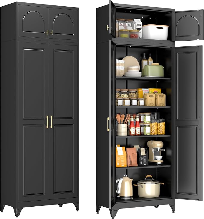 90" Tall Black Metal Storage Cabinet with 2 Doors and 4 Adjustable Shelves, Heavy Duty Steel Pantry Cabinet for Garage, Kitchen, Extra Large Industrial Cupboard (2 Packages)
