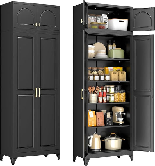 90" Tall Black Metal Storage Cabinet with 2 Doors and 4 Adjustable Shelves, Heavy Duty Steel Pantry Cabinet for Garage, Kitchen, Extra Large Industrial Cupboard (2 Packages)