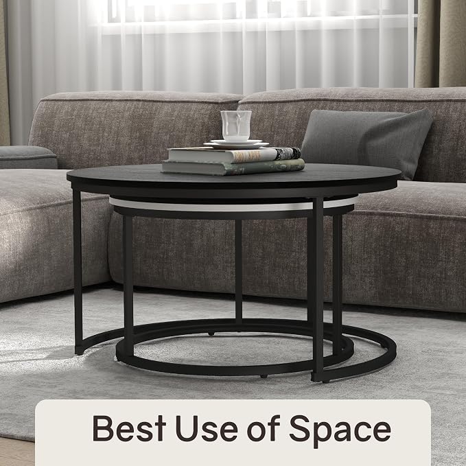 Otterease Nesting Tables Set of 2, 31.5" Round Coffee Table, Small Nesting Coffee Table with Adjustable Non-Slip Fee, Wood Grain Top Nesting Tables for Living Room, Bedroom (Wood Grain Black&White)