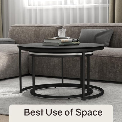 Otterease Nesting Tables Set of 2, 31.5" Round Coffee Table, Small Nesting Coffee Table with Adjustable Non-Slip Fee, Wood Grain Top Nesting Tables for Living Room, Bedroom (Wood Grain Black&White)