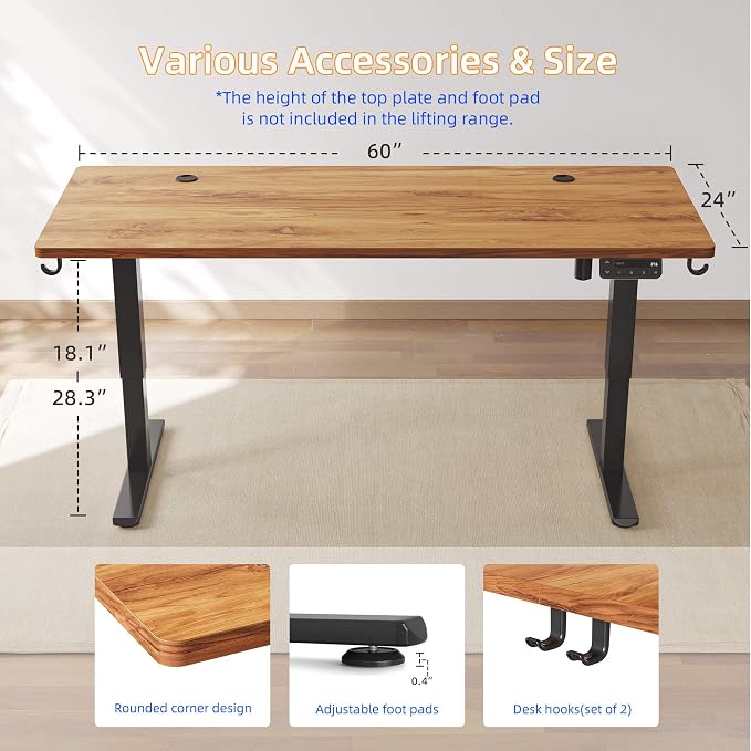 YIHAYO Low Height Adjustable Desk, Lifts 18.1-28.3 Inches, Electric Standing Desk for Short People, 60 x 24 Inches Computer Table with Splice Board for Home Office, Rustic Brown
