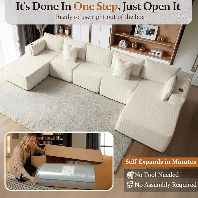 168" Cloud Sectional Couch, Comfort U Shaped Sofa for Living Room, Extra Deep Seats No Assembly, Minimalist Modular Couch, Corduroy (Cream, 7 Seats,U-Shape C)