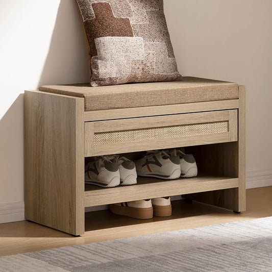 SICOTAS Rattan Shoe Bench Entryway Bench with Storage Drawer and Linen Seat Cushion, Farmhouse Boho Shoe Rack Bench with Shelf, Wooden Storage Bench for Entryway Hallway and Bedroom, Light Oak