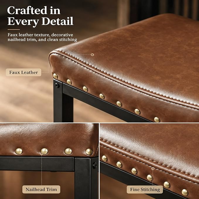 Forteek Counter Height Bar Stools Set of 2,30 Inch, Industrial Vintage Bar Stool with Nailhead, Faux Leather Barstool with Footrest, Saddle Stool for Kitchen Island, Dining Room, Easy Assembly