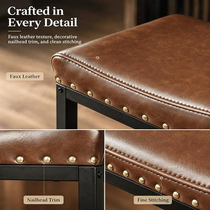 Forteek Counter Height Bar Stools Set of 2, 25.5 Inch, Industrial Vintage Bar Stool with Nailhead, Faux Leather Barstool with Footrest, Saddle Stool for Kitchen Island, Dining Room, Easy Assembly