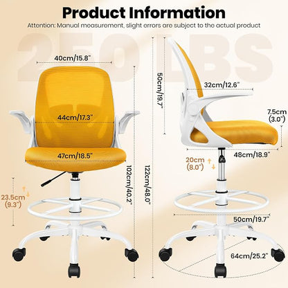 Primy Drafting Chair Tall Office Chair with Flip-up Armrests Executive Ergonomic Computer Standing Desk Chair with Lumbar Support and Adjustable Footrest Ring (Mustard)