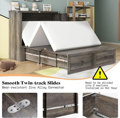 AMERLIFE Full Murphy Bed with Storage & Charging Station, Farmhouse Murphy Cabinet with Foldable Panel, Noisy Free, for Guest Bedroom, Living Room, Office, Rustic Grey