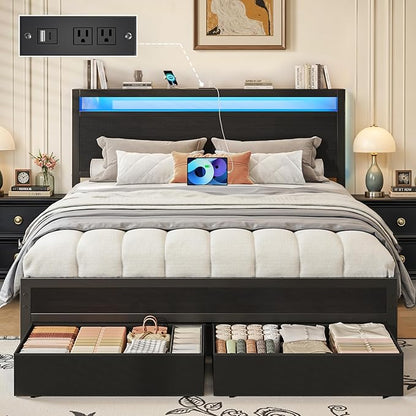 Fluest Queen Bed Frame,Queen Bed Frame with Storage Headboard & 2 Storage Drawer, Charging Station & LED Light, No Box Spring Needed, Noise Free, Easy Assembly, Classic Black