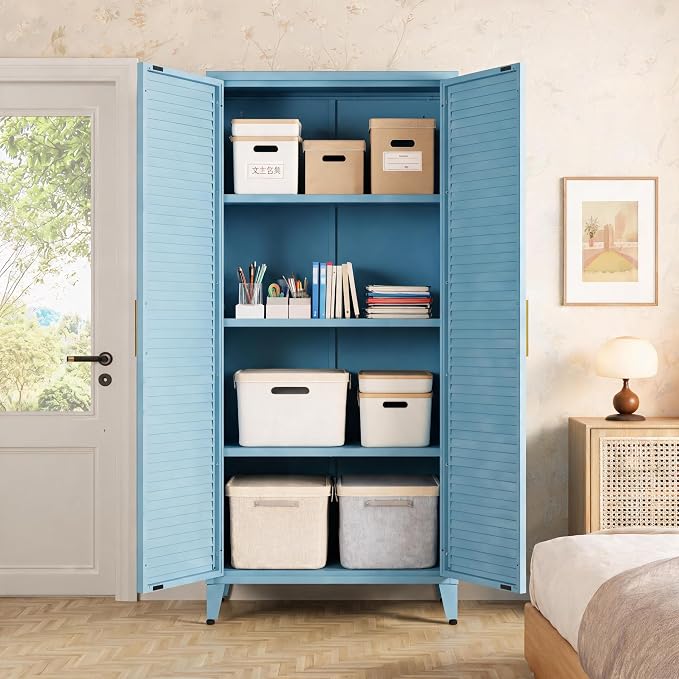 61 "H Blue Metal Cutlery Cabinet with Door Freestanding Kitchen Cabinet with 3 Adjustable Shelf Side Panels, Suitable for Kitchen, Living Room, Dining Room Metal Cabinet,Requires Assembly