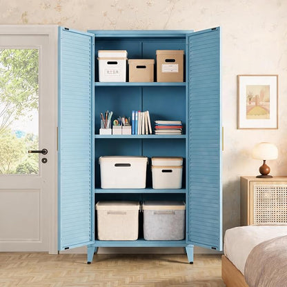 61 "H Blue Metal Cutlery Cabinet with Door Freestanding Kitchen Cabinet with 3 Adjustable Shelf Side Panels, Suitable for Kitchen, Living Room, Dining Room Metal Cabinet,Requires Assembly