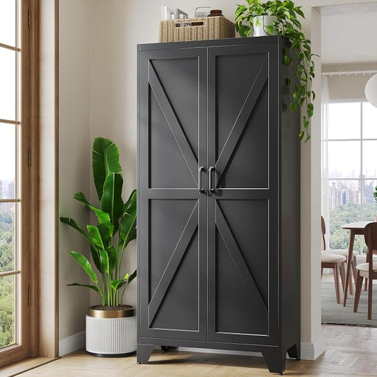 Metal Black Storage Cabinet with 2 Doors and 4 Adjustable Shelve, 72" Tall Kitchen Pantry cabinets, Farmhouse Food Pantry Cabinet,5 Tier Freestanding Barn Door Cupboard for Kitchen Dining/Living Room