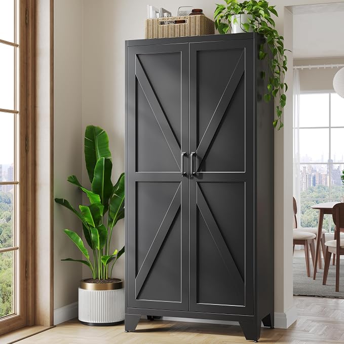 Metal Black Storage Cabinet with 2 Doors and 4 Adjustable Shelves, 75" Tall Kitchen Pantry cabinets, Farmhouse Food Pantry Cabinet,5 Tier Freestanding Barn Door Cupboard for Kitchen Dining/Living Room