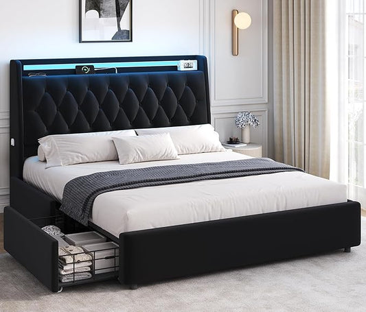 Queen LED Velvet Bed Frame with 2 Storage Drawers&Hidden Headboard, Upholstered Platform Bed with Charging Station&Button Tufted Design, Wooden Slats Support, Box Spring Optional, Easy Assembly, Black