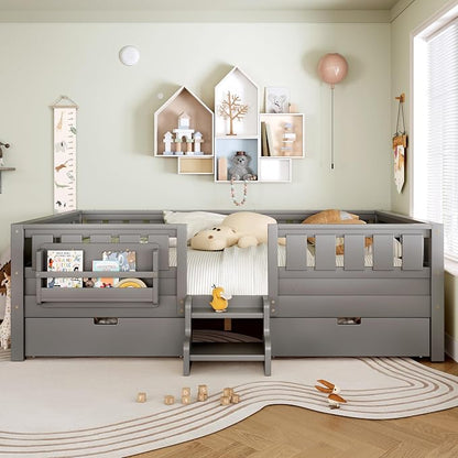 Bellemave Queen Size Kids Montessori Bed with Stairs and Bookshelf,Solid Wood Queen Size Kids Bed Frame with Drawers and Storage for Girls Boys,Low-Profile,Gray