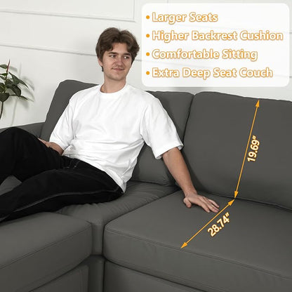 EASE MOOSE Oversized Modular Sectional Sofa,Leather Sectional Couch with Deep Seat,Extra Large L Shaped Couch,Modern Comfy Scratch Resistant Faux Leather Material Sofa,Grey