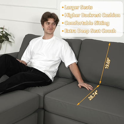 EASE MOOSE Oversized U Shaped Couch,Modular Sectional Convertible Sofa with Wide Deep,Extra Large Faux Leather Scratch Resistant Modern Couch for Big Spaces,Grey