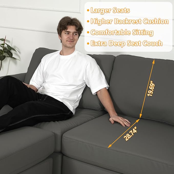 EASE MOOSE Oversized Corner Modular Sectional Sofa, Faux Leather Sectional Sofa with Deep Seat, Scratch Resistant Faux Leather Material, Extra Large L Shaped Couch for Living Room, Grey
