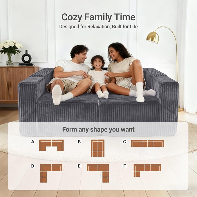 128" U-Shaped Modular Couch, Modern Sectional Couch with Double Chaise, Boneless Couch with Pillows, Deep Seat Sofa for Living Room Bedroom, No Assembly Required, Dark Grey