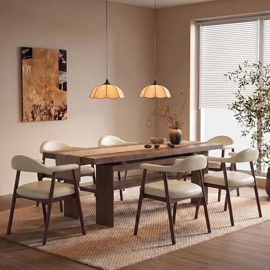MALOL Leather Dining Chair with Armrest Set of 6, Upholstered Dining Room Chair with Curved Back and Wood Legs, Mid Century Modern Kitchen Chairs for Kitchen Dining Room,Khaki