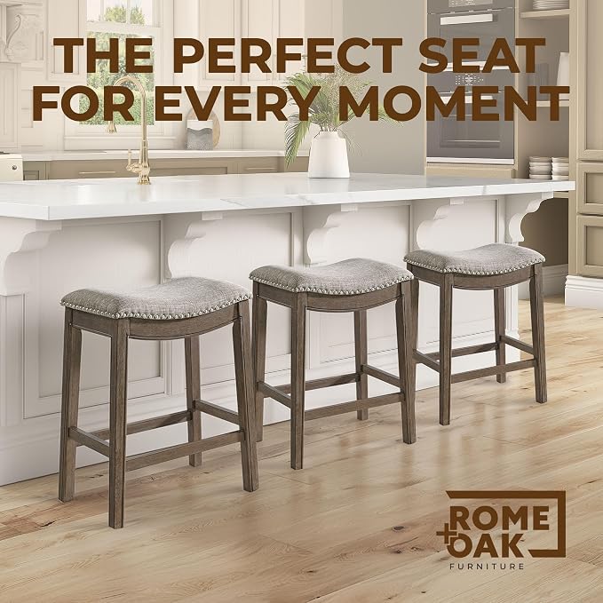ROME + OAK Set of 2 Parker 26 Inch Counter Stool, Backless Saddle Kitchen Barstool in Walnut Finish with Grey Fabric Upholstery Cushion Seat