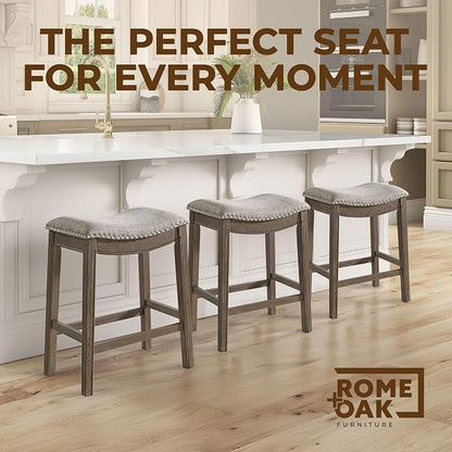 ROME + OAK Parker 26-Inch Backless Counter Stool, Backless Saddle Kitchen Stool in Walnut Finish with Grey Fabric Upholstery Cushion Seat