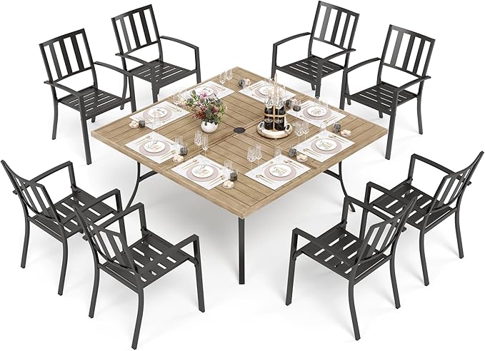 PHI VILLA 9 Pieces Outdoor Dining Set for 8, 57.5” Brown Wood-Like Square Metal Steel Table with Umbrella Hole & Stackable Wrought Iron Chairs, Large Outside Furniture for Patio, Deck, Yard, Porch