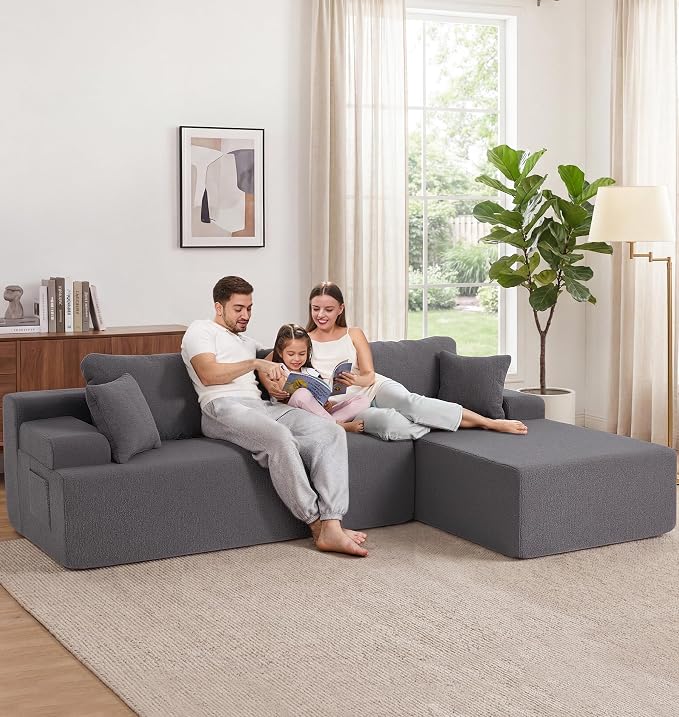 Hobestluk Modular Sectional Sofa Couches L-Shape Couch 3 Seat Modular Sofa Memory Foam Sectional Couches for Living Room, Cloud Couch with Oversized Chaise (Grey Smooth, 108", Right Hand Facing)