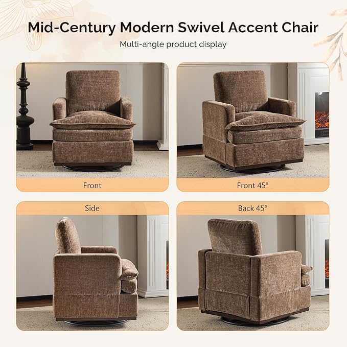 VINGLI 360° Swivel Accent Chair with Double-Layer Seat Cushions, Modern Swivel Armchair, Upholstered Square Club Chair for Living Room, Bedroom, Reading Room, Chenille Khaki
