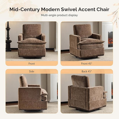VINGLI 360° Swivel Accent Chair with Double-Layer Seat Cushions, Modern Swivel Armchair, Upholstered Square Club Chair for Living Room, Bedroom, Reading Room, Chenille Khaki