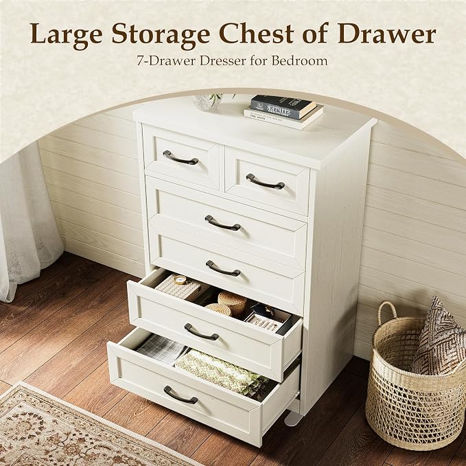 AODK Farmhouse Tall 6 Drawer Dresser for Bedroom, 5-Tier Vertical Storage Chest with Mixed Drawers, Engineered Wood Frame with Anti-Tip Safety, American Country Furniture, Vintage White