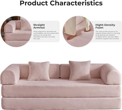 79" 5-in-1 Convertible Sofa Bed No Assembly, Boneless Couch Bed with High Density Foam, Foldable Sleeper Sofa, Corduroy Modular Couch for Apartment, Studio, Dorm Room, Small Space,Pink