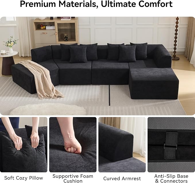 140''Oversized Cloud Velvet Curved Sectional Couch, Boneless Couch with L-Shape Chaise, Upholstered Compression Memory Foam Modular Sectional Sofa for Living Room, No Assembly Required, Black