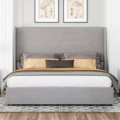 Jocisland Queen Size Upholstered Platform Bed Frame with Hydraulic Lift Storage, Wingback Headboard, Wood Slats Support, No Box Spring Needed, Linen Light Grey