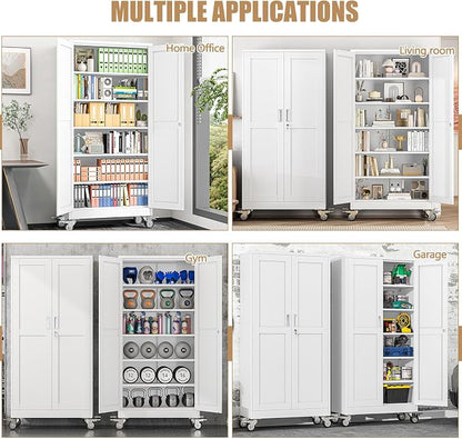 74" H Metal Pantry Storage Cabinet with Wheels,Rolling Kitchen Pantry Cabinet with 2 Doors and 5 Adjustable Shelves, Locker Steel Cabinet,Organization Cabinet for Garage,Home,Gym,School,White