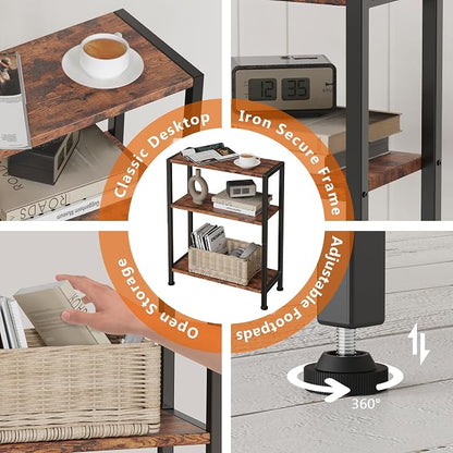 3-Tier Side Table Set of 2, Small End Table, Sofa Side Table for Narrow Spaces, Slim End Table, Nightstand Table, for Living Room Bedroom Office, Rustic Brown