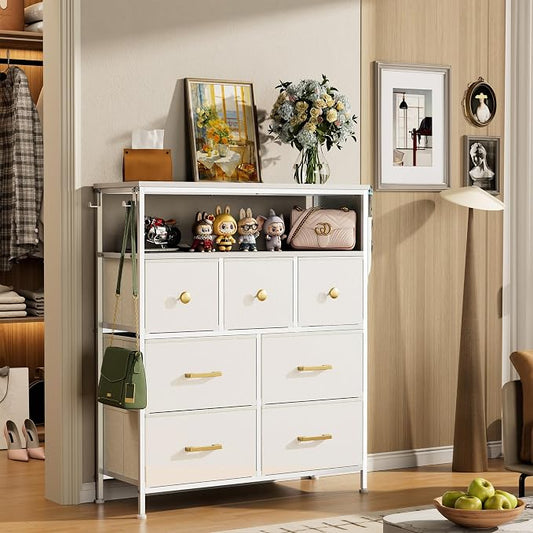 Dresser TV Stand with Power Outlets and LED Lights, 7 Drawers Dresser with Side Pocket, Fabric Chest of Drawers with PU Finish, Sturdy Frame & Wood Top (White)