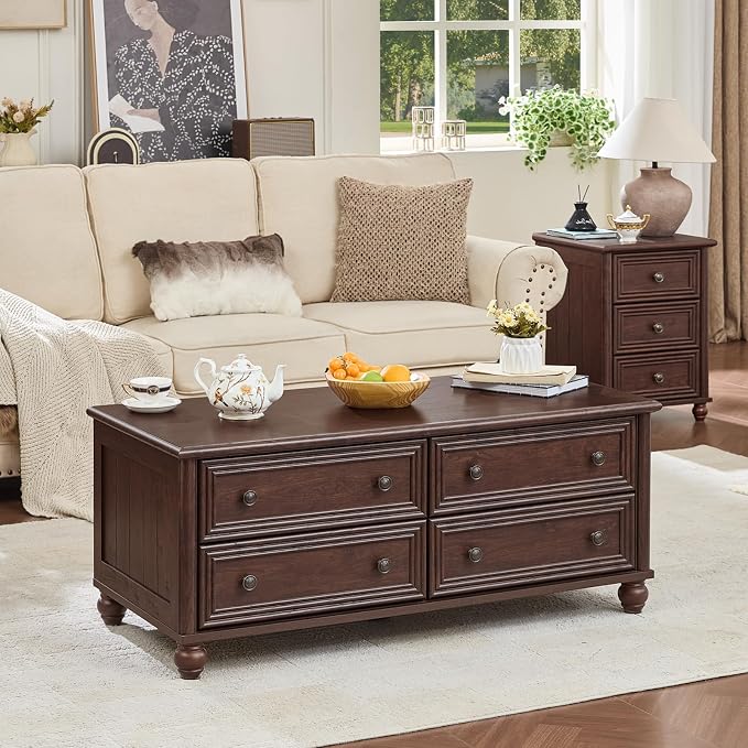 RWYHG 48" Farmhouse Coffee Table with Hidden Storage,Wooden Coffee Tables with 4 Drawers & Roman Column Handle,Rectangular Rustic Center Table with Solid Wood Curved Base for Living Room,Office,Walnut